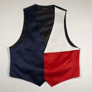 Santana Men Colorblock Formal Vest Navy White Red Satin V-Neck Large Made in USA
